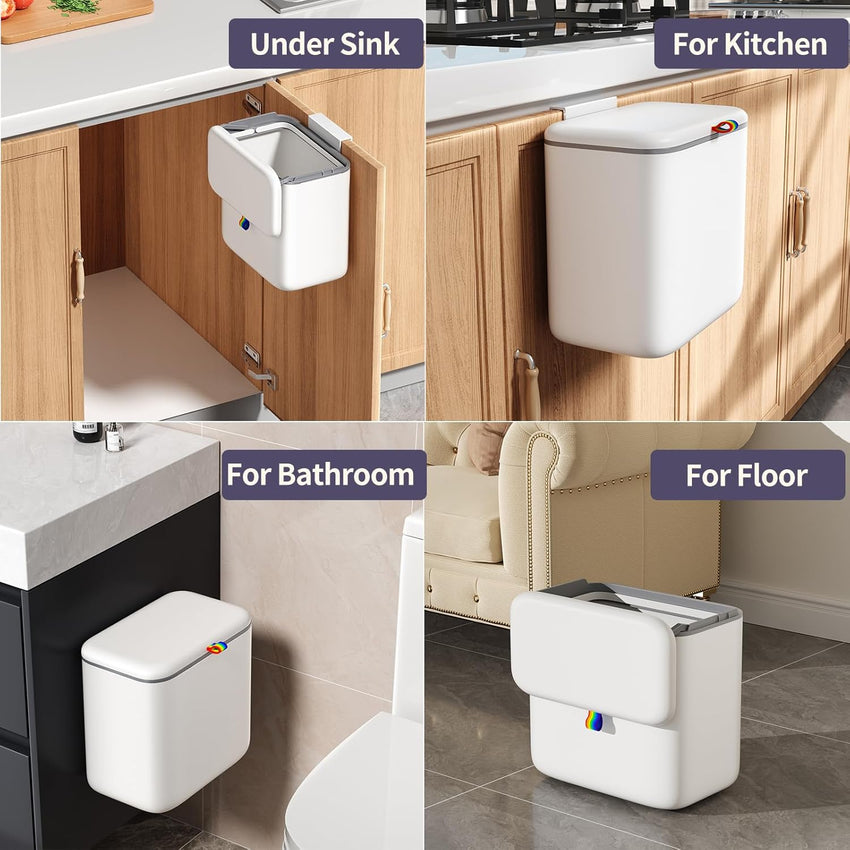 Kitchen Compost Bin with Lid - Hanging Small Trash Can for Countertop or Under Sink, 2.6 Gallon Wall Mounted Garbage Can for Cabinet Door, Indoor Food Waste Bin for Bathroom, RV, Office, White