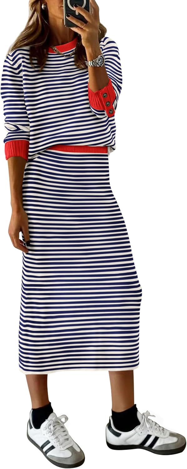 PRETTYGARDEN 2 Piece Skirts Sets For Women Fall Fashion 2025 Striped Sweater Dress Knit Lounge Travel Outfits Winter Clothing