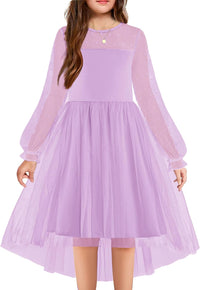 Arshiner Girls Dresses Contrast Mesh Long Sleeve Twirly High Low Birthday Party Formal Dress
