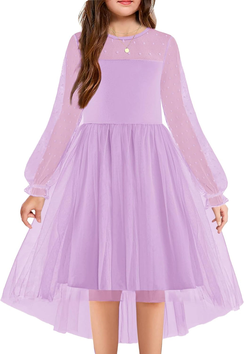 Arshiner Girls Dresses Contrast Mesh Long Sleeve Twirly High Low Birthday Party Formal Dress
