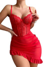 Sexy Corset Bodycon Ruffle Sheer Underwire Mesh Lace Floral Outfits Babydoll Lingerie Set Dress with Thong 2 Piece