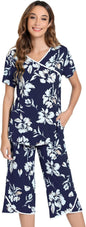 NACHILA Women’s Pajamas-Viscose Made from Bamboo, Short Sleeve Pjs Top with Capri Pajama Sets for Women Cool V Neck Sleepwear