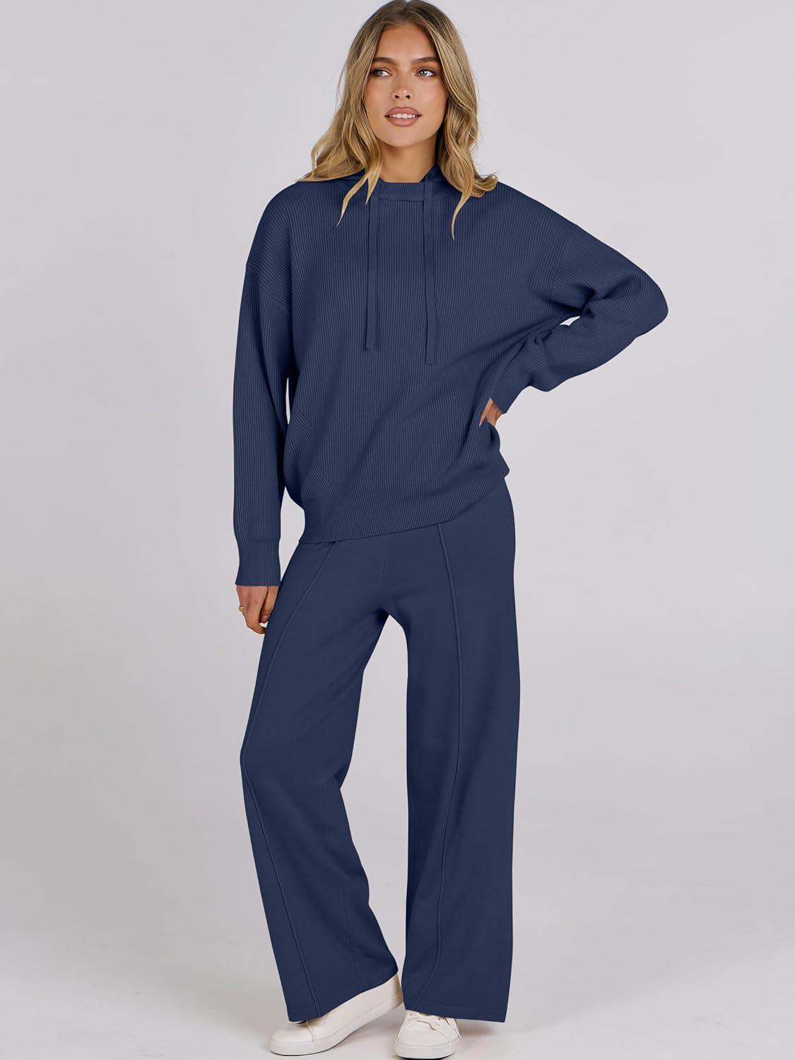 ANRABESS Women 2 Piece Outfits Sweater Sets Loose Long Sleeve Hoodies Knit Pullover Wide Leg Pants 2025 Fall Lounge Sweatsuit
