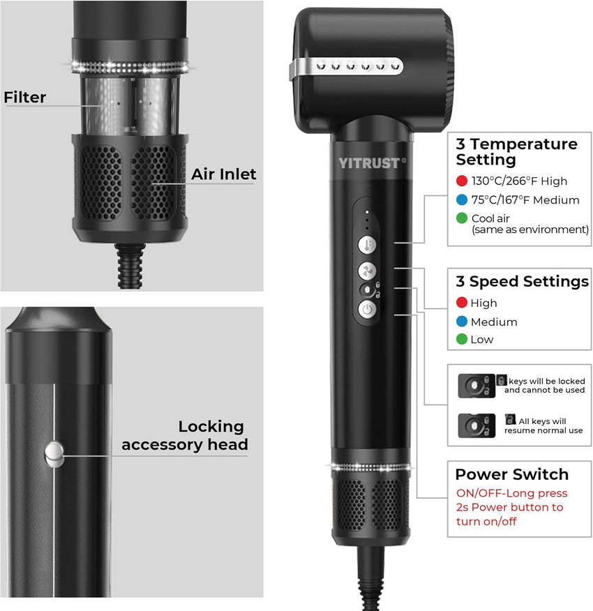 Blow Dryer Brush 7 in ONE，Autowrap Curling Wand, 110,000 RPM High-Speed Negative Ionic Hair Dryer with Diffuser Concentrator, Round Brush Blow Dryer Air Styler, Volumizing Hair Styling Tools