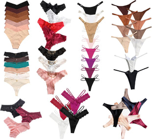 Women's Underwear Variety Pack Panties, Kinds of T-Back G-String Thongs, Lacy Briefs Hipsters Bikinis Undies Assorted
