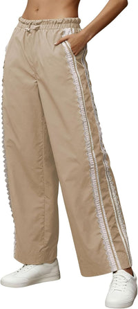 Women Baggy Track Pants Lace Side Stripe Drawstring Elastic Waist Wide Leg Parachute Pants with Pockets