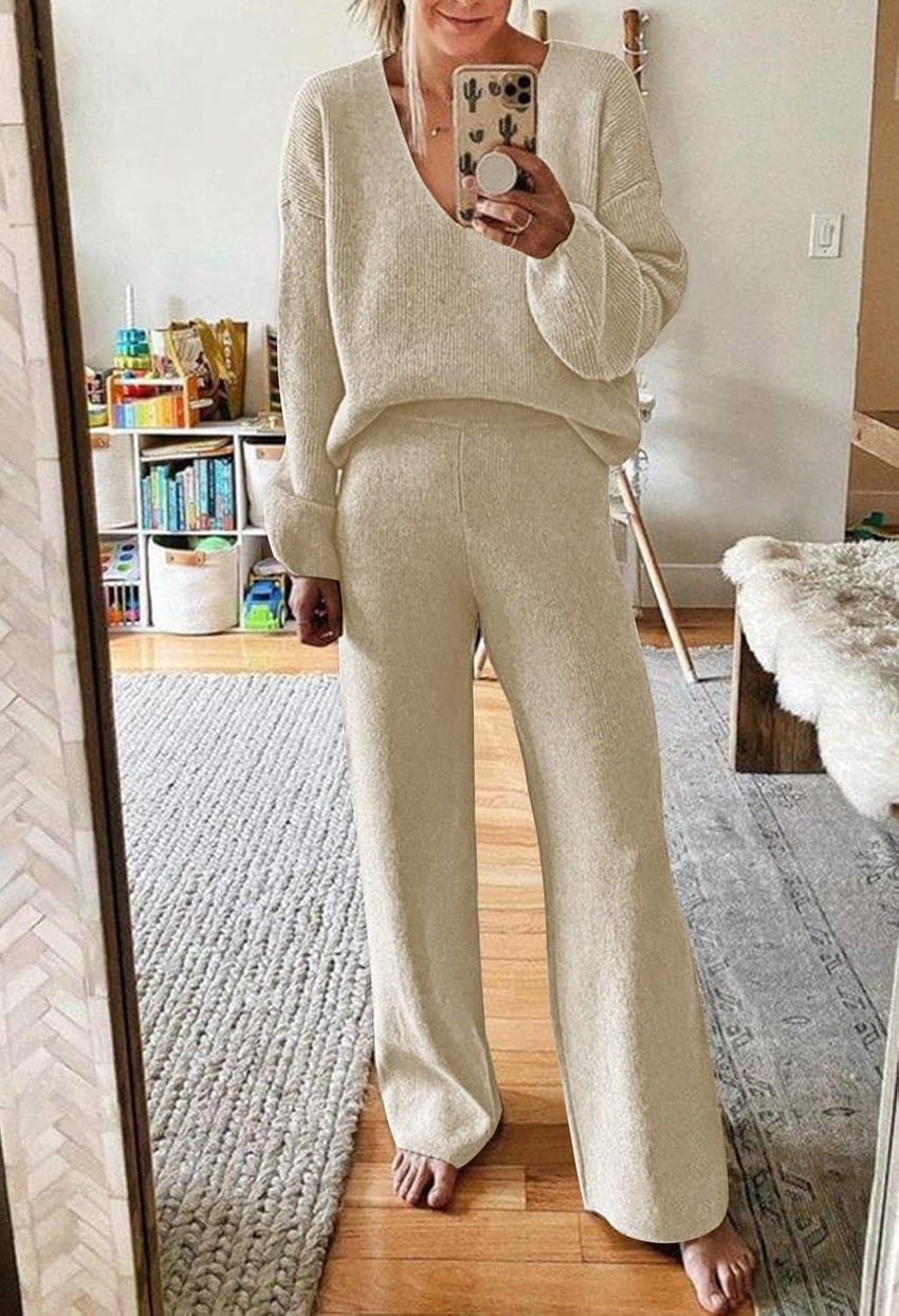 Viottiset Women's 2 Piece Outfits Casual V Neck Knit Wide Leg Sweater Lounge Set Sweatsuit