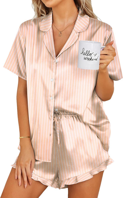 Ekouaer Womens Satin Pajamas Set Button Down 2 Piece Silk Pjs Shorts Set Ruffle Lingerie Notch Collar Sleepwear