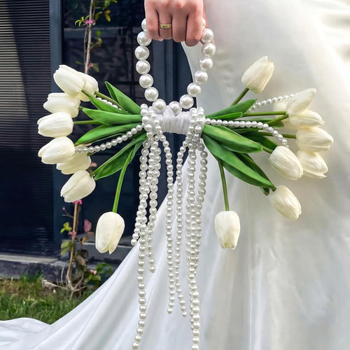 XunYee Bride Holding Tulip Flowers Bouquets for Wedding Bridal Bouquet with Pearl Handle Artificial Never Withered Tulip Flowers Bouquet with for Wedding Party Church Bridesmaid Ceremony Anniversary