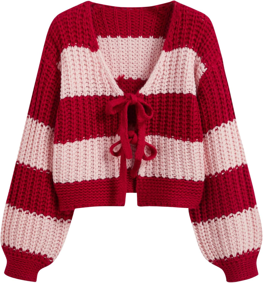 CIDER Striped Sweater Women V Neck Tie Front Knit Cardigan Oversized Trendy Sweaters for Women Fall