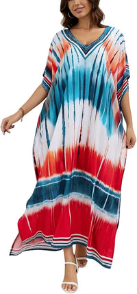 Women's Plus Size Loose Fit Moroccan Print V-Neck Batwing Kaftan Beach Dress Bathing Suit Cover Up