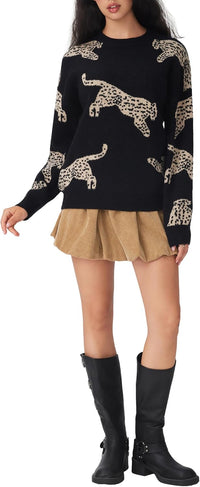 CIDER Womens Leopard Crew Neck Long Sleeve Boho Knit Sweater Casual Pullover Fall Sweater