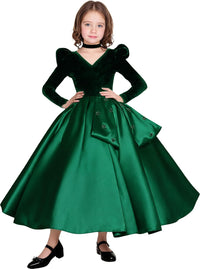 Long Sleeve Velvet Flower Girl Dresses A Line Crystal Satin Formal Dresses for Christmas