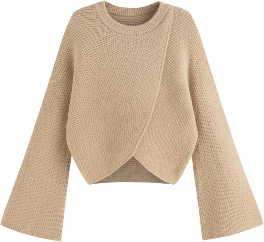 CIDER Cropped Sweaters for Women Trendy Wrap Sweater Bell Sleeve Ribbed Knit Pullover Sweater Fall Outfits