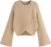 CIDER Cropped Sweaters for Women Trendy Wrap Sweater Bell Sleeve Ribbed Knit Pullover Sweater Fall Outfits