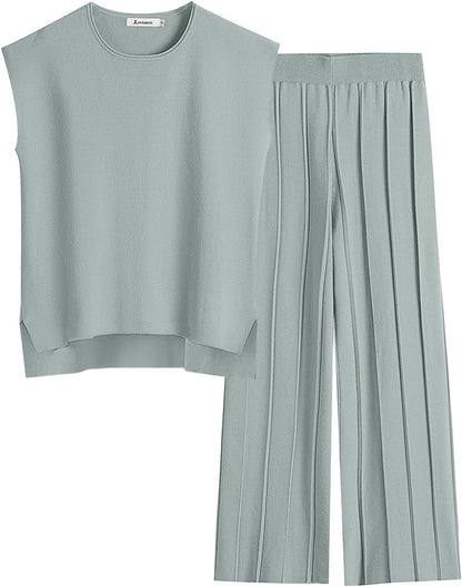 ANRABESS Women 2 Piece Lounge Sets Summer Casual Knit Sweater Vest Pant Set Beach Vacation Airport Clothes 2025 Fall Outfits