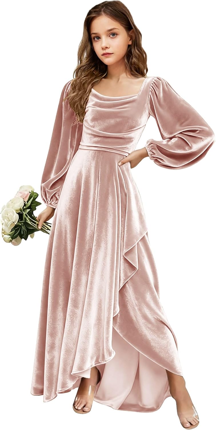 Velvet Junior Bridesmaid Dresses Long Sleeve Girls Christmas Dress Flower Girl Dresses Wedding Guest Maxi Party Gown