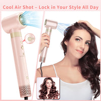Hair Dryer Brush 8-in-1 Dual Voltage Hot Air Styler – Fast-Drying 110,000 RPM Ionic Blow Dryer with Straightener & Curler Attachments, Frizz-Free Volumizing Styler with Protective Hard Case-Pink