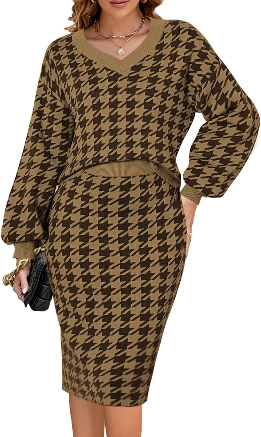 Pink Queen Women's 2 Piece Outfits Set Knit V Neck Batwing Long Sleeve Loose Top Bodycon Midi Skirt Sweater Dresses