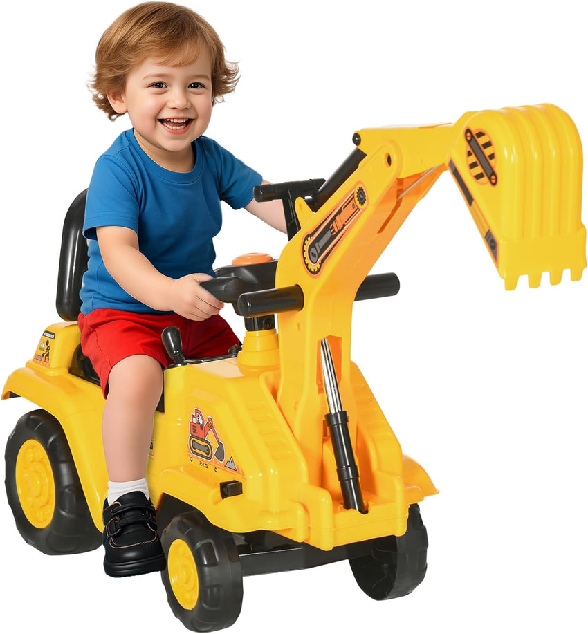 HOMCOM Ride On Excavator Pull Cart, Kids Digger Ride on Truck with Horn, Under Seat Storage, Sit and Scoot Pretend Play Toy Construction Car for Ages 18-48 Months