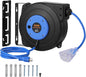 VEVOR Retractable Extension Cord Reel, 45 FT, Heavy Duty 12AWG/3C SJTOW Power Cord, with Lighted Triple Tap Outlet, 15 Amp Circuit Breaker, 180° Swivel Bracket for Ceiling or Wall Mount