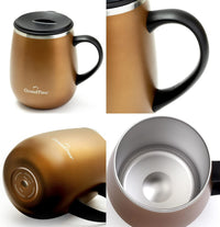 GRANDTIES Insulated Coffee Mug with Handle–Sliding Lid for Splash-Proof 16oz Wine-Glass Shape Thermal Tumbler with Double Walled Vacuum Stainless Steel to Keeps Beverages Hot or Cold-Cognac Metallic