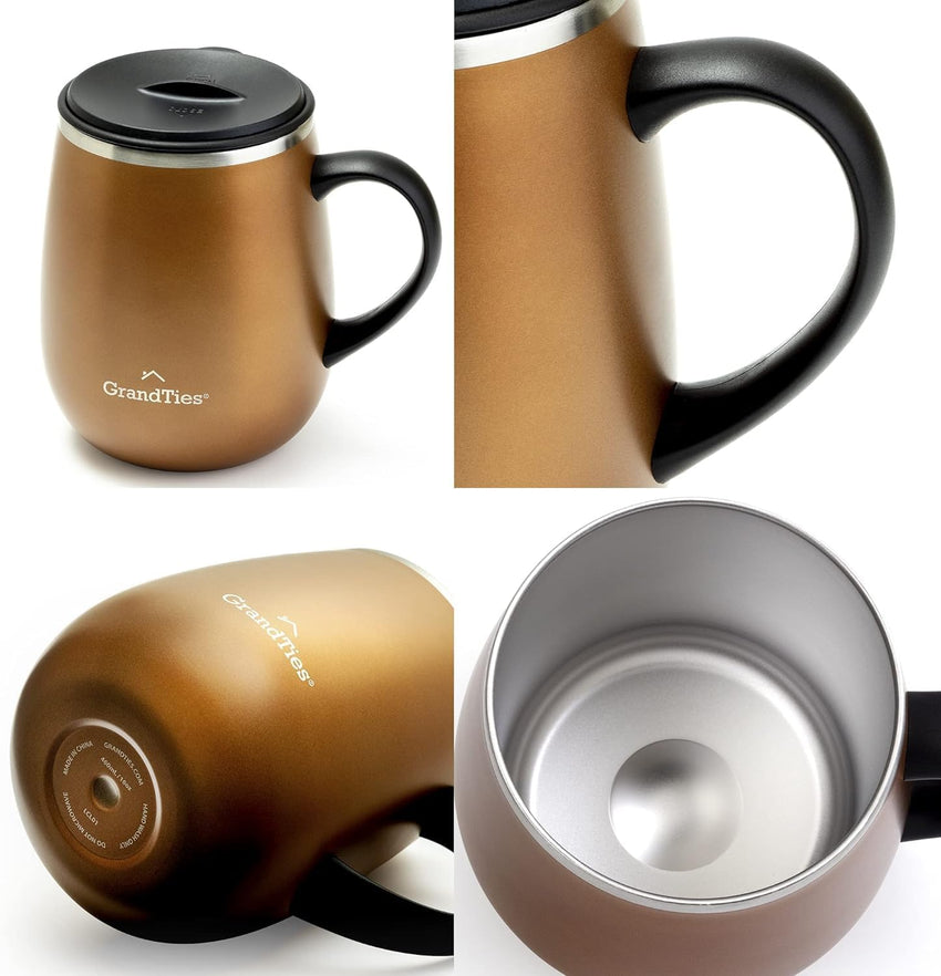 GRANDTIES Insulated Coffee Mug with Handle–Sliding Lid for Splash-Proof 16oz Wine-Glass Shape Thermal Tumbler with Double Walled Vacuum Stainless Steel to Keeps Beverages Hot or Cold-Cognac Metallic