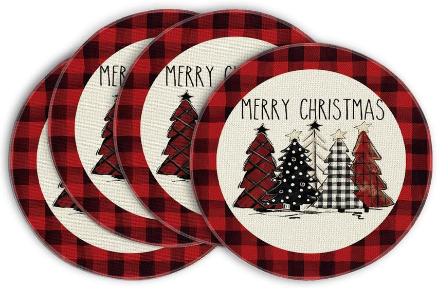 Artoid Mode Waterclor Buffalo Plaid Christmas Trees Placemats Set of 4, 12x18 Inch Winter Table Mats for Outdoor Home Party Kitchen Dining Decor