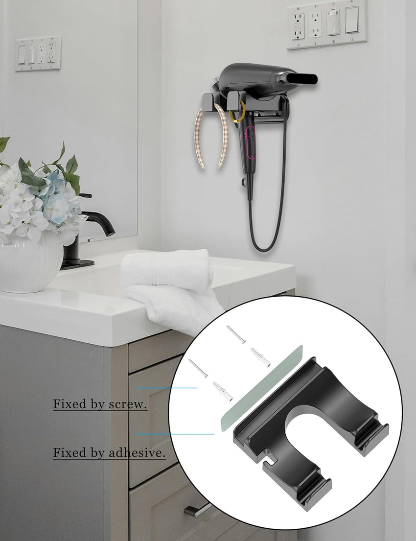 NOTMBESTM Universal Hair Dryer Holder Wall Mounted, Blow Dryer Holder Cabinet Door, Hairdryer Holder for Bathroom, Hair Dryer Storage Rack Fixed by Screw or Adhesive (Black)