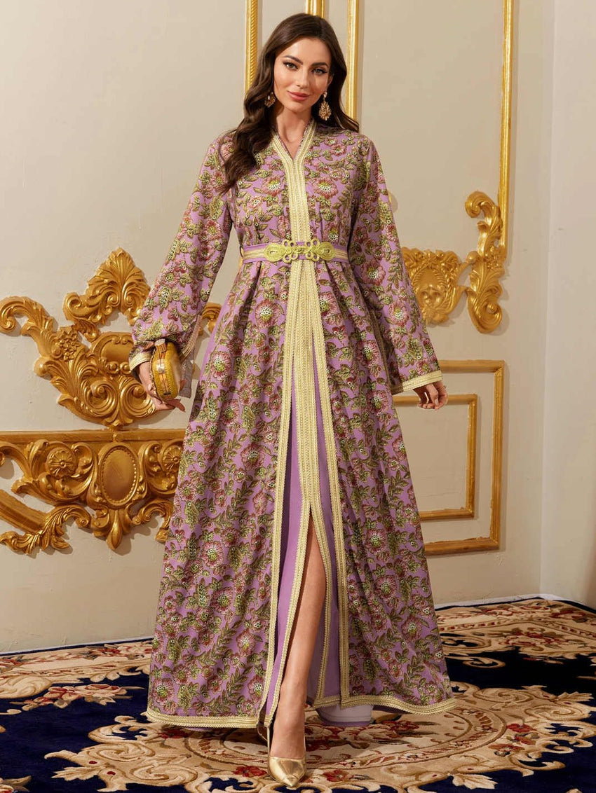 Abaya for Women Floral Embroidered Muslim Dress V-Neck Arabian Maxi Robe