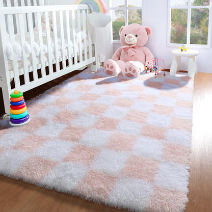 KICMOR Navy Blue and Cream White Rugs for Living Room, 4x6 Fluffy Fuzzy Shag Checkered Rug Shaggy Carpet for Bedroom, Soft Plush Area Rug for Nursery Toddler Room Classroom Study Room Kids Room