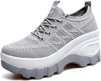 Women's Chunky Platform Comfort Orthopedic Wedge Walking Shoes Fashion Knitted Breathable Lace Up Lug Sole Casual Non-Slip Running Shoes with Arch Support