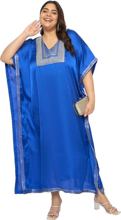 Gypsie Blu Women’s Plus Size Satin Sequin Kaftan Dress with Kimono Sleeves Casual Resort Wear Stylish Loose Fit Evening Dress