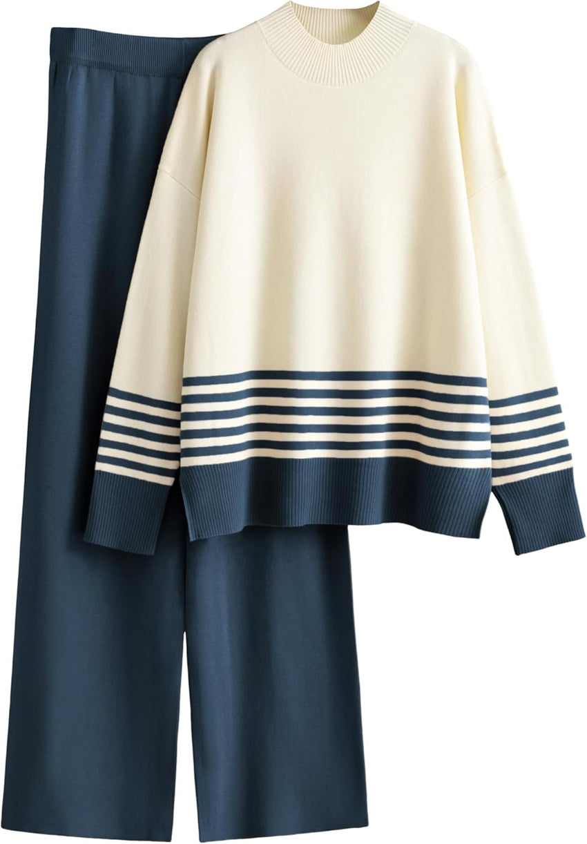 Tanming Women's Lounge Sets 2 Piece Outfits Knitted Pullover Sweater Tops Wide Leg Pants Tracksuit