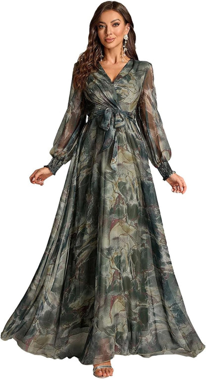 Summer Casual Dresses for Women 2024 Spring Fashion Boho V Neck Long Sleeve Ruffle Floral Print Elegant Maxi Dress