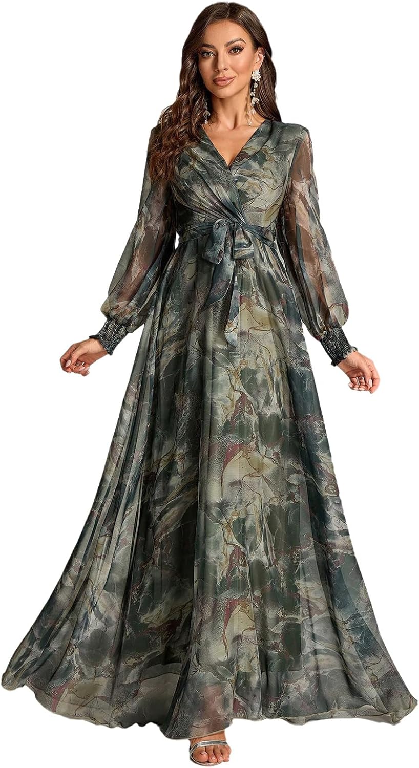 Summer Casual Dresses for Women 2024 Spring Fashion Boho V Neck Long Sleeve Ruffle Floral Print Elegant Maxi Dress