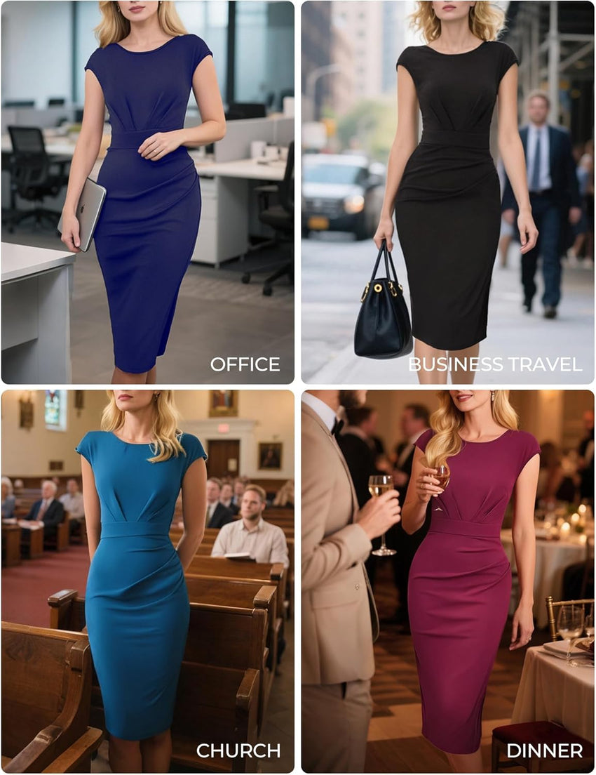 GRACE KARIN Women's Wear to Work Dresses 2025 Cap Sleeve Sheath Bodycon Midi Dress Ruched Business Office Pencil Dress
