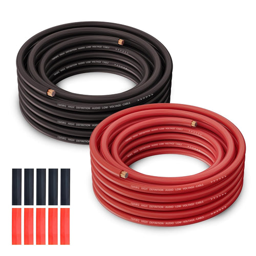 10 Gauge Wire (25FT Each, Red/Black), Low Voltage for Automotive Wiring, Battery Cable, 10AWG, Car Audio, Car Amplifier Power or Ground Cable, Translucent Jacket, CCA, with 10 Heat Shrink Tubing