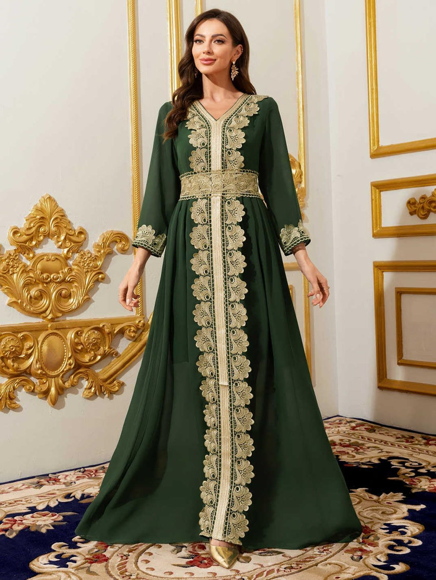 Women Muslim Abaya Kaftan Dress Lace Ethnic Moroccan Dress Eid Prayer Clothes Arabian Maxi Robe
