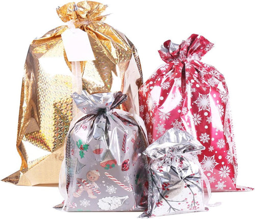 WesGen Christmas Gift Bags,40Pcs Santa Wrapping Bag in 4 Sizes and 4 Designs with Inserted Drawstring Ribbons and Tags for Wrapping Holiday