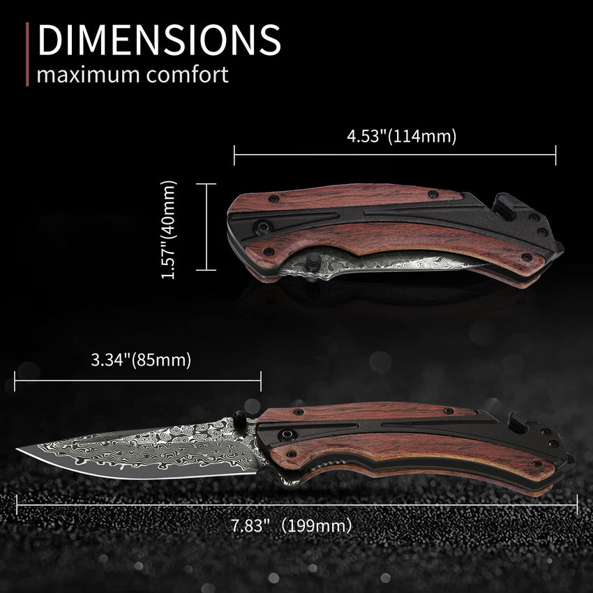 Damascus Pocket Knife for Men, Folding Knife Outdoor Tactical Knives for Hunting Fishing Camping, 3.7" Handmade Damascus Steel Blade, Liner Lock, Christmas Gifts for Men Women Dad Husband Boyfriend