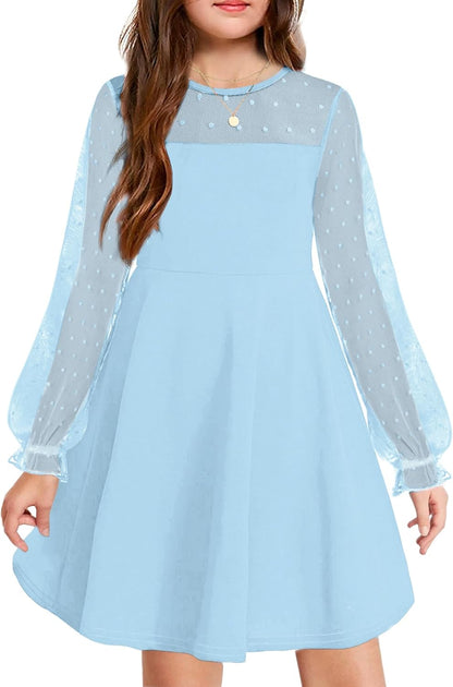 Arshiner Girl's Contrast Mesh Puff Long Sleeve High Waist A Line Short Dress with Pockets for 6-13 Years