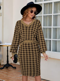 Pink Queen Women's 2 Piece Outfits Set Knit V Neck Batwing Long Sleeve Loose Top Bodycon Midi Skirt Sweater Dresses