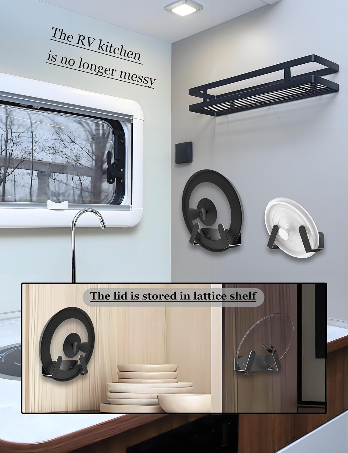 NOTMBESTM Pot Lid Organizer, 2 Pack Lid Holders Inside Cabinet, Wall Mount Rack Fit for Cutting Board, Fixed by Adhesive or Screw (Black)