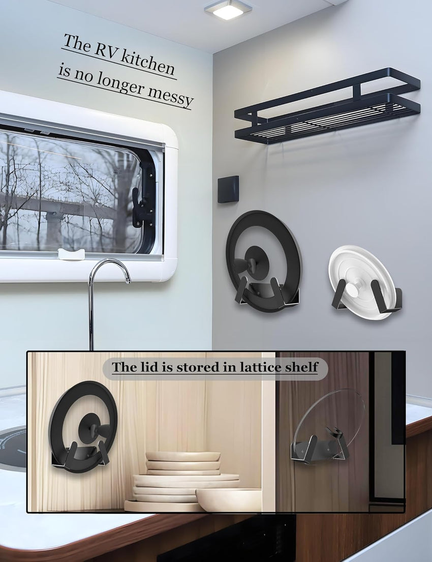 NOTMBESTM Pot Lid Organizer, 2 Pack Lid Holders Inside Cabinet, Wall Mount Rack Fit for Cutting Board, Fixed by Adhesive or Screw (Black)