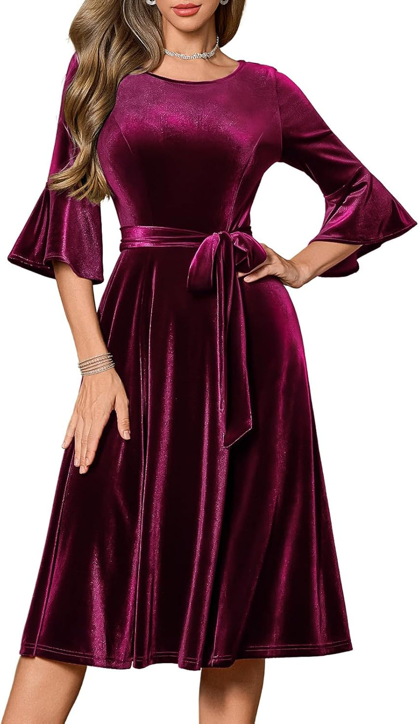 HomRain Women's Long Sleeve Velvet Midi Dresses for Wedding Guest Church Formal Winter Christmas Cocktail Party