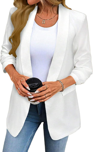 Mina Self Women's 3/4 Sleeve Blazers Ruched 2025 Fall Shawl Collar Open Front Casual Trendy Work Office Jackets Pockets