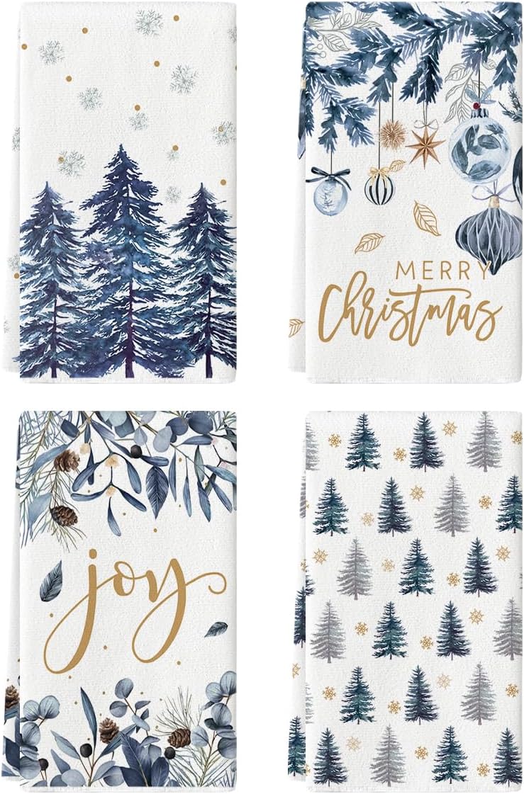 Artoid Mode Green Xmas Tree Ornament Christmas Kitchen Towels Dish Towels, 18x26 Inch Farmhouse Holiday Snowflake Winter Decoration Cleaning Set of 4