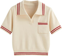 CIDER Short Sleeve Sweater Knit Top Collar Neck Stripe Pullover Casual Elegant Women’s Collared Sweaters