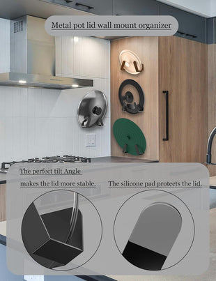 NOTMBESTM Pot Lid Organizer, 2 Pack Lid Holders Inside Cabinet, Wall Mount Rack Fit for Cutting Board, Fixed by Adhesive or Screw (Black)